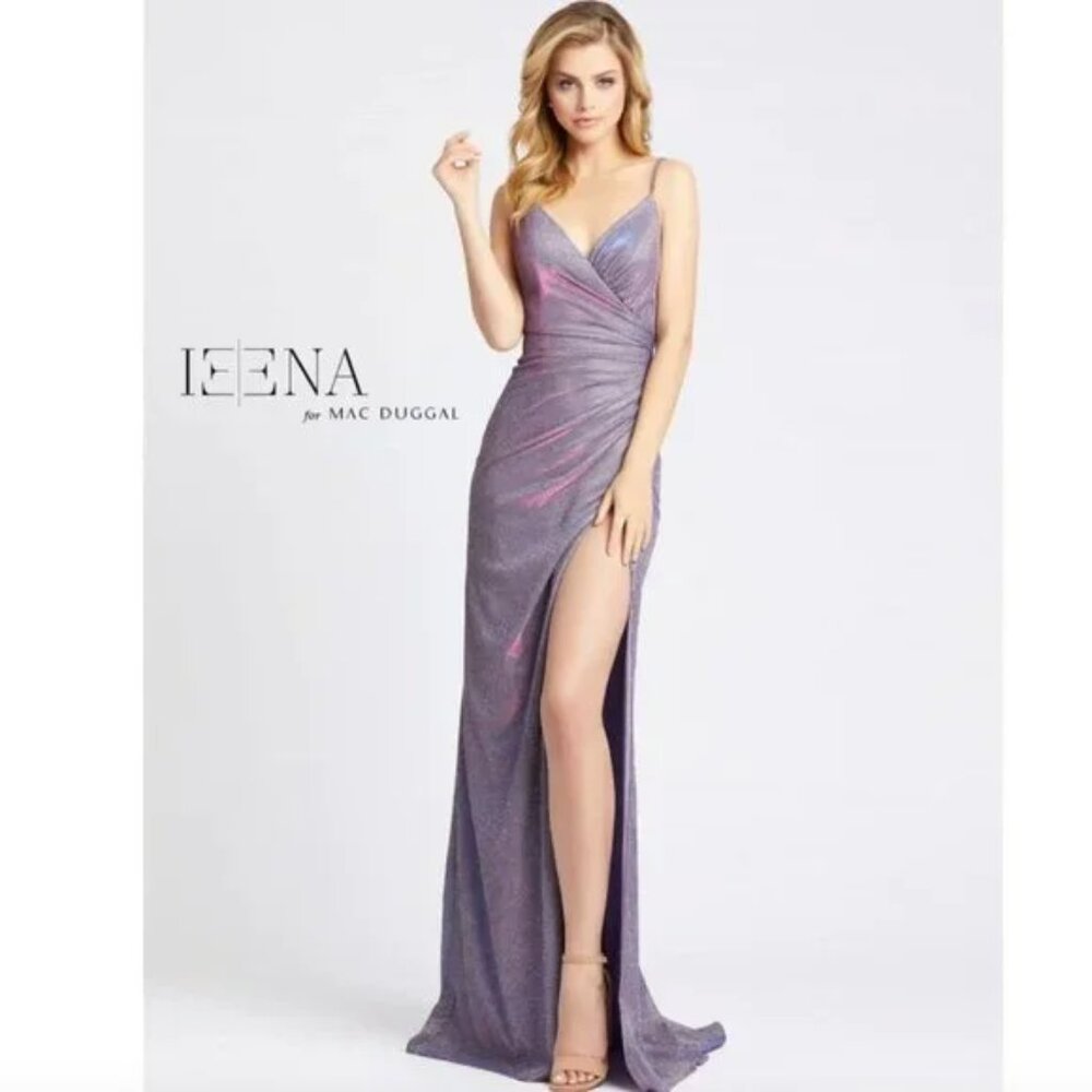 Ieena for Mac Duggal Twinkle Iridescent Shimmer Long Maxi Slit Lavender Gown 0